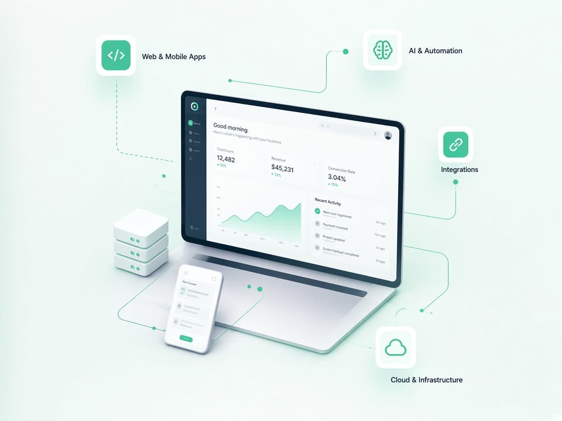 Laptop, phone and service nodes for web, AI, integrations and cloud